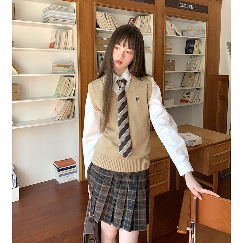 东京岁时记jk制服两件套秋叠穿无袖针织背心女纯棉马甲百褶裙套装