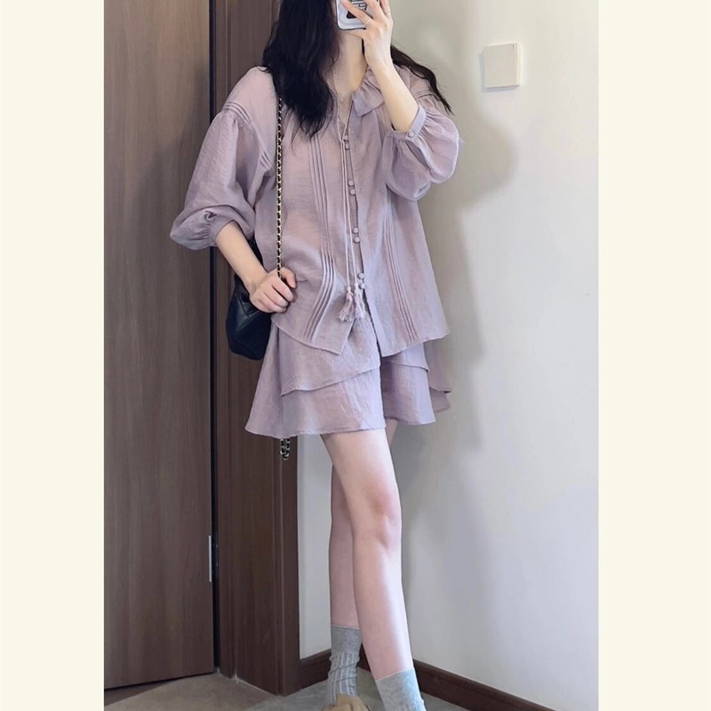 大码胖MM甜美风套装女春季设计感荷叶边长袖衬衫+阔腿裙裤两件套