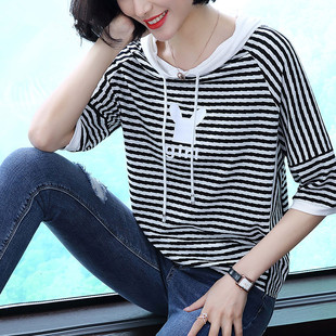 t恤女胖mm連帽寬松上衣中袖 大碼 2021新款 女裝 條紋短袖 蕓峻閣夏裝