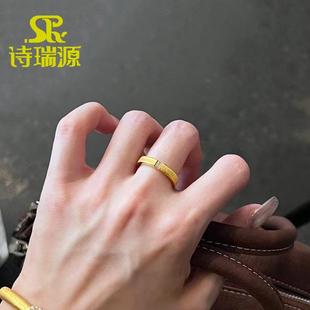黄金点钻小方糖戒指女999足金拉丝冰糖食指戒新款情侣金戒指送礼