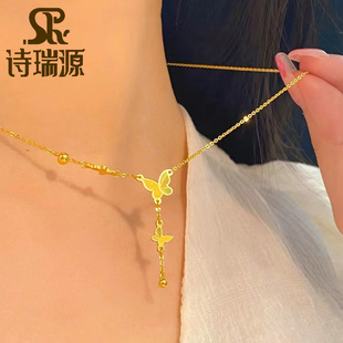 5G黄金蝴蝶流苏项链女999足金ins风新款锁骨链套链520送女友礼物