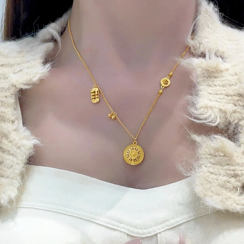 5G黄金八宝罗盘项链女999足金算盘套链时尚新款纯金锁骨链送女友