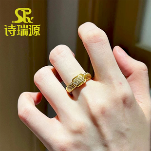 黄金点钻戒指999足金莫桑钻小方糖食指戒新款镶嵌琴纹金戒指女款