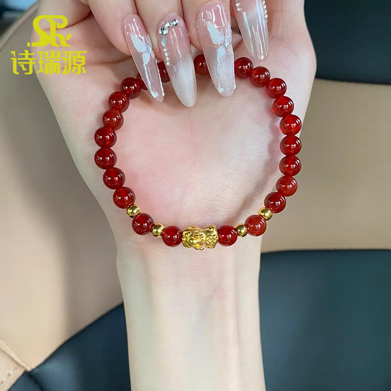 黄金宝宝貔貅手链女999足金貔貅红玛瑙手饰新款小克重金手链送礼
