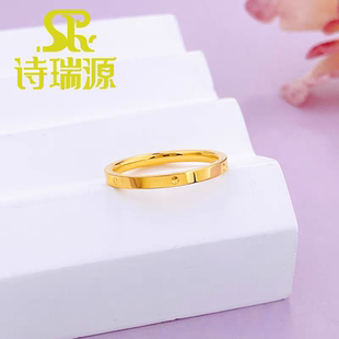 5G黄金车花戒指女999足金素圈指环时尚新款纯金小尾戒送女友礼物