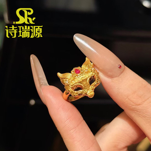 黄金点钻狐狸戒指女999足金面具指环新款九尾狐纯金食指戒送女友