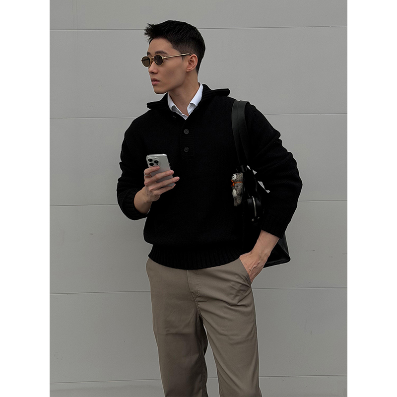 黑色男士毛衣秋冬季重磅带帽卫衣