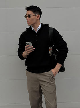 黑色毛衣男士秋冬季潮牌美式重磅带帽卫衣小众高级感叠穿针织外套