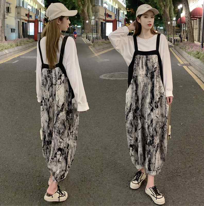 孕妇装夏装套装外出时尚夏季宽松复古水墨印花休闲背带裤两件套潮