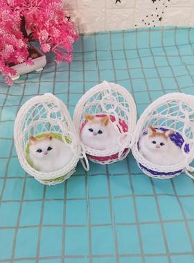 篮真猫咪公仔模型摆件可爱仿迷你篮子里吊的小猫叫毛绒玩具会玩偶