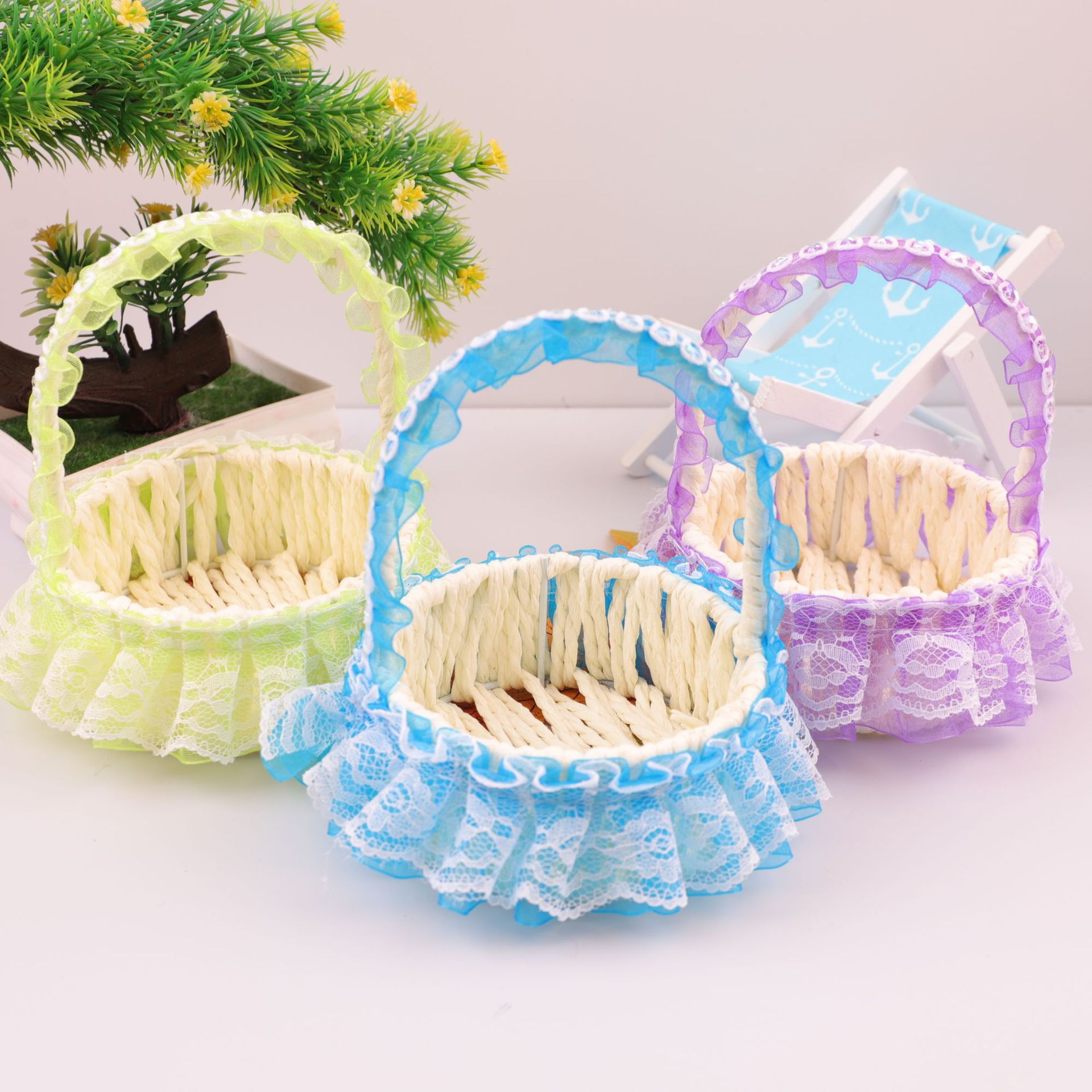 梦幻蕾丝花边小提篮手工插花篮装饰摆件儿童节日礼物包装篮收纳篮
