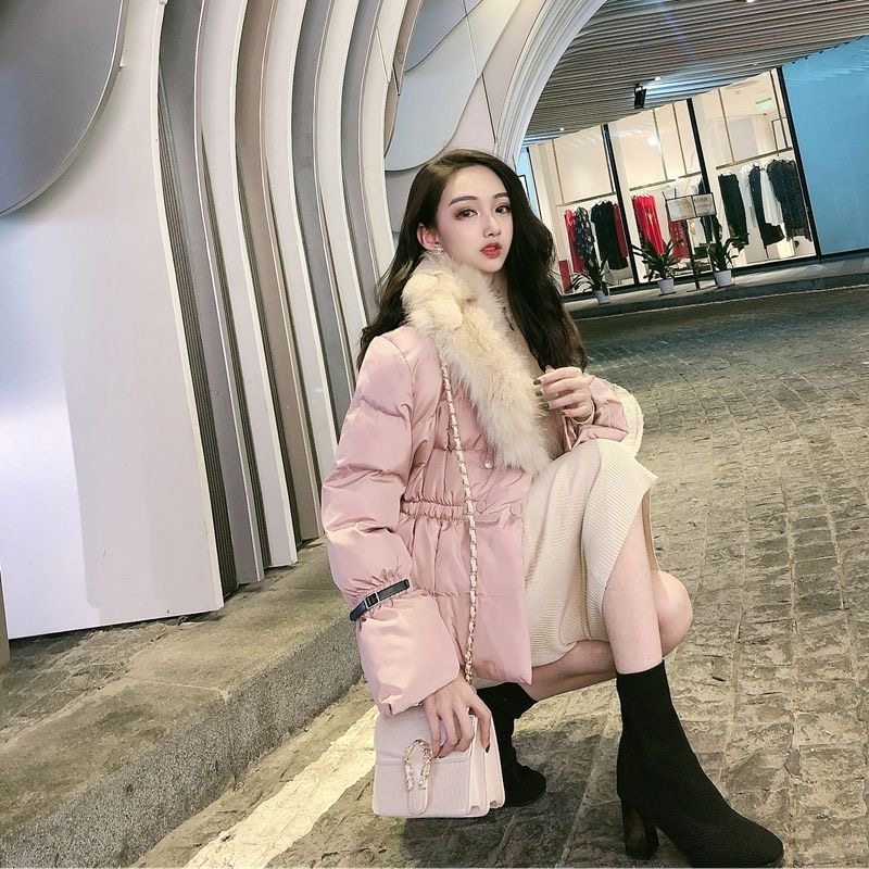 反季清仓韩版狐狸大毛领羽绒服收腰修身显瘦短款白鸭绒外套粉色