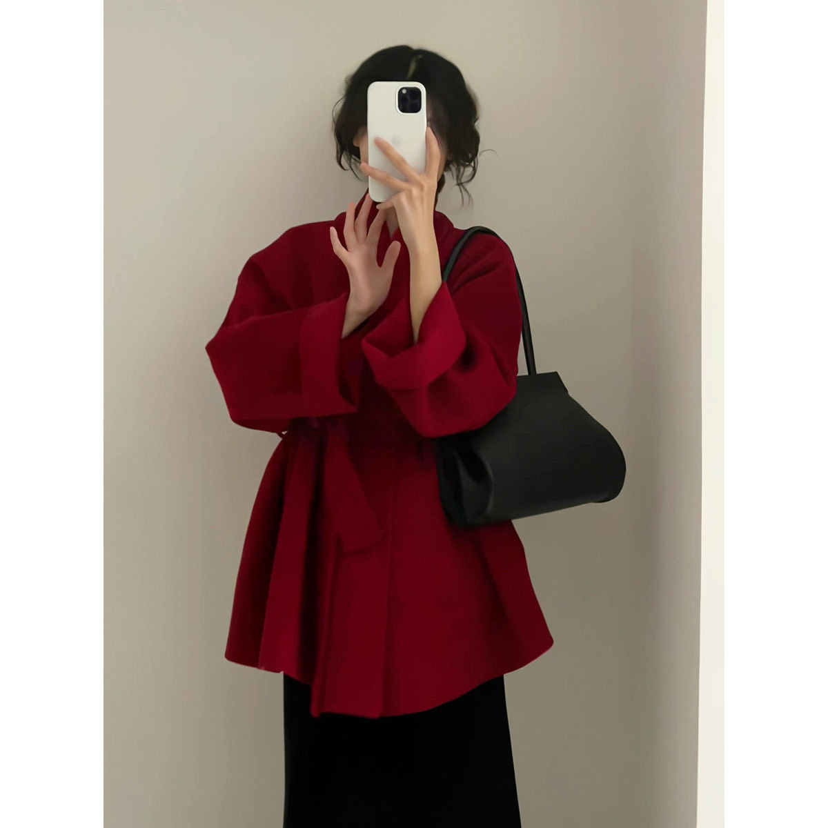 红色双面呢大衣女2025秋冬新款时尚赫本风短款斗篷系带毛呢外套潮
