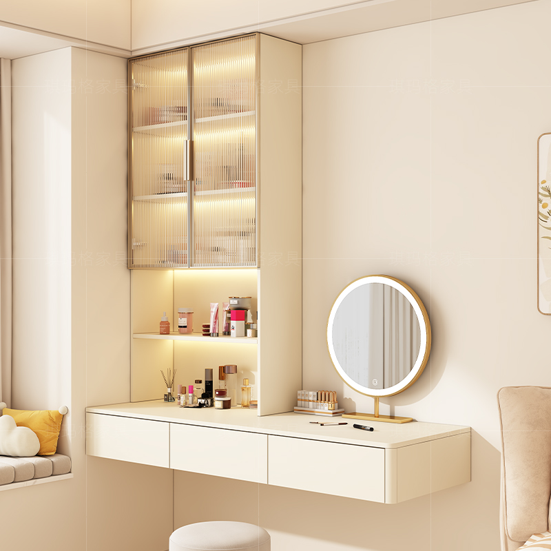 奶油风梳妆台卧室一体收纳化妆桌