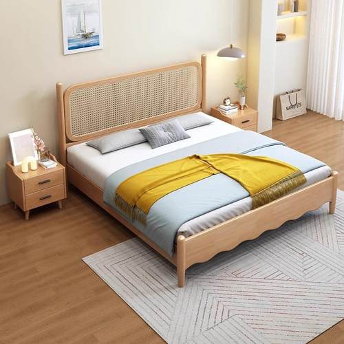 实木床简约实木藤编床双人大床家用婚床复古风公寓民宿家具