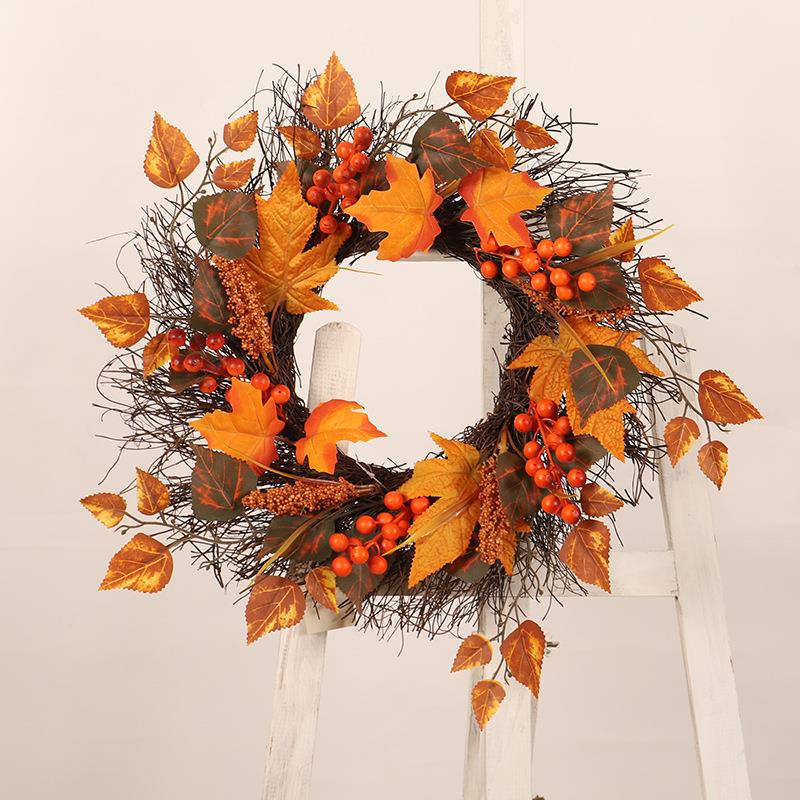 藤编枫叶麦穗花环 仿真枫叶果串家居门挂感恩节花圈装饰品