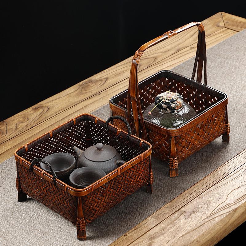 仿古手工竹编收纳筐 家用水果篮 中式复古创意客厅茶几茶具整理筐