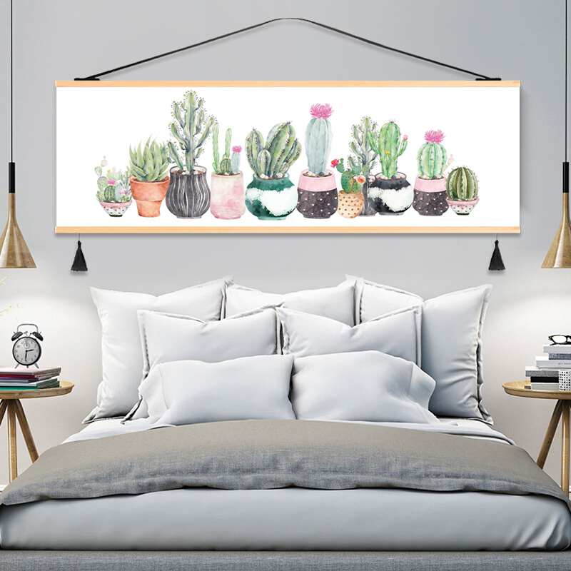 北欧风手绘绿植植物清新长条挂布卧室床头装饰画墙布背景墙挂画图片