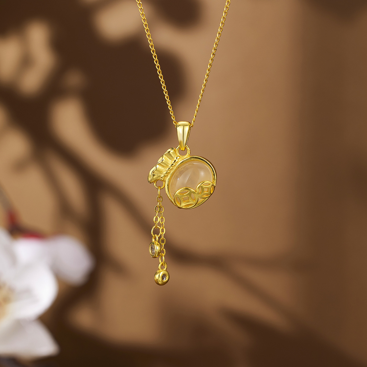 英国coopkoop国潮新中式流苏福袋项链s925银镶嵌白玉髓女生锁骨