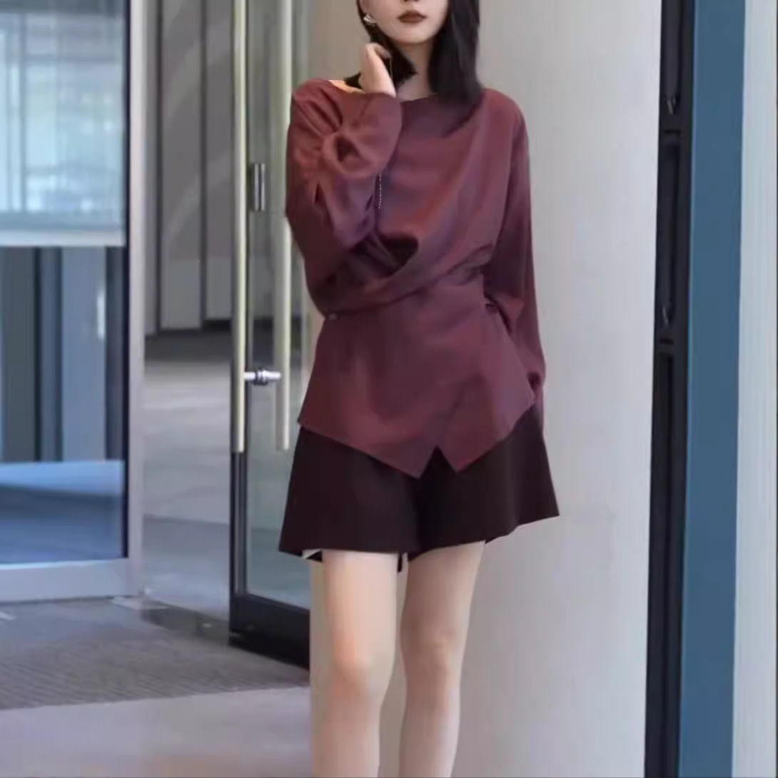 英国coopkoop早秋新款极简圆领交叉收腰衬衫时尚短裤女装