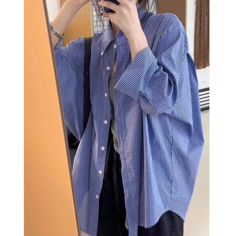 法国cherrykoko高级感超好看宽松蓝色显瘦衬衣秋季女百搭慵懒