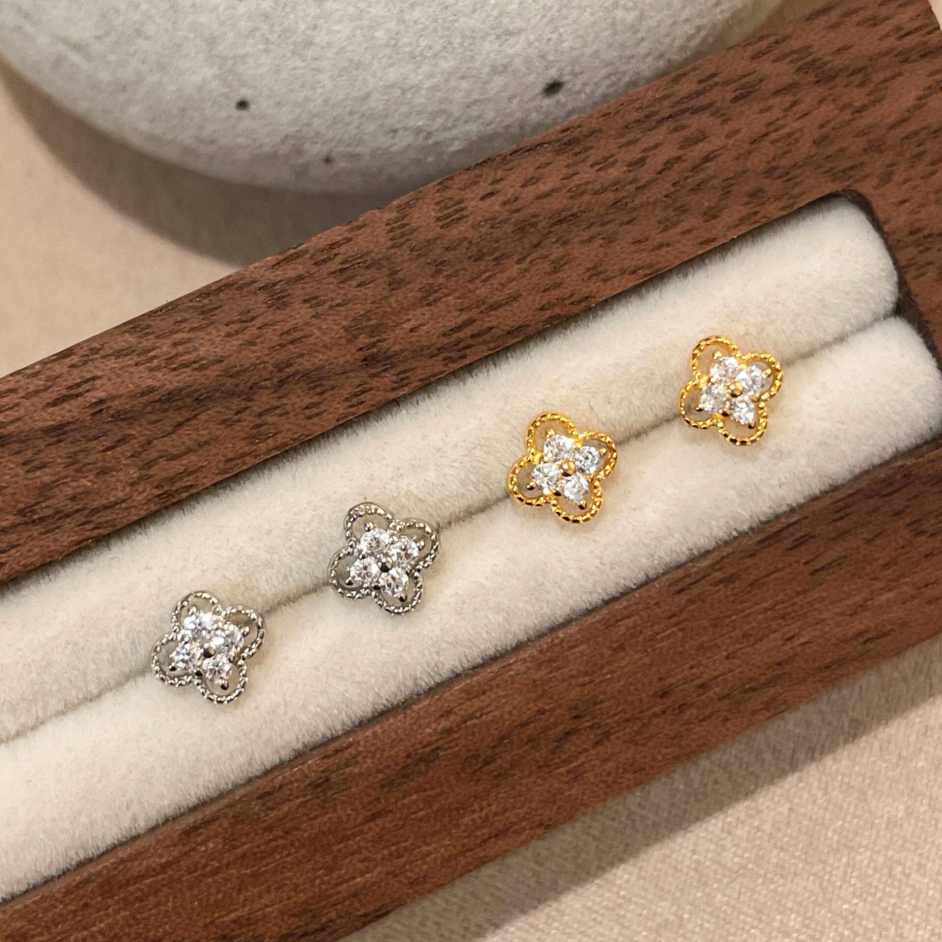 国风china chic s925银镀18k金蕾丝边四叶草耳钉女精致简约小巧