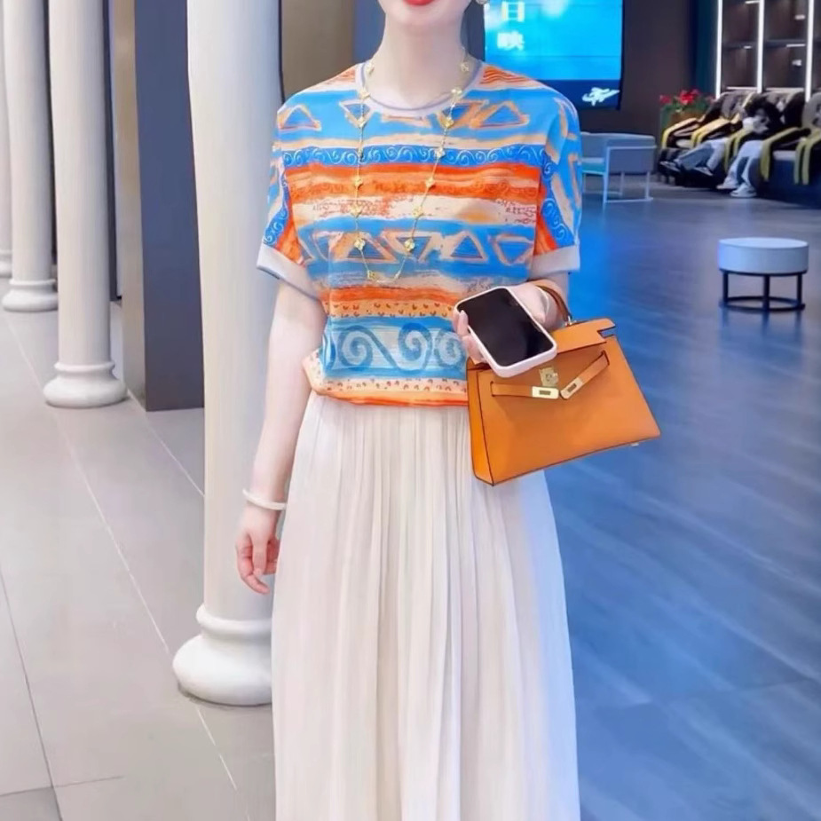 英国coopkoop夏季新时尚撞色宽松短袖上衣飘逸感半身裙女