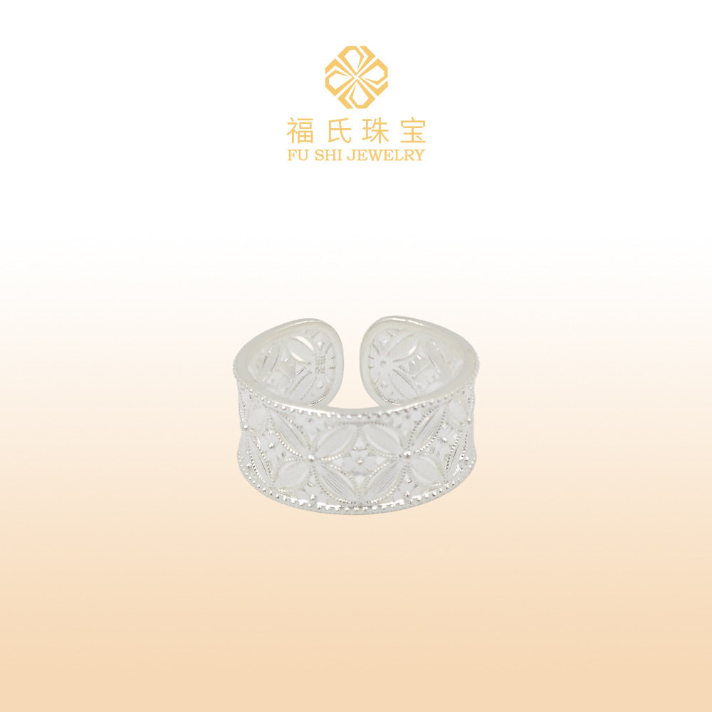 日系设计师topwhit银990四叶草镂空戒指 小众设计复古风开口银饰
