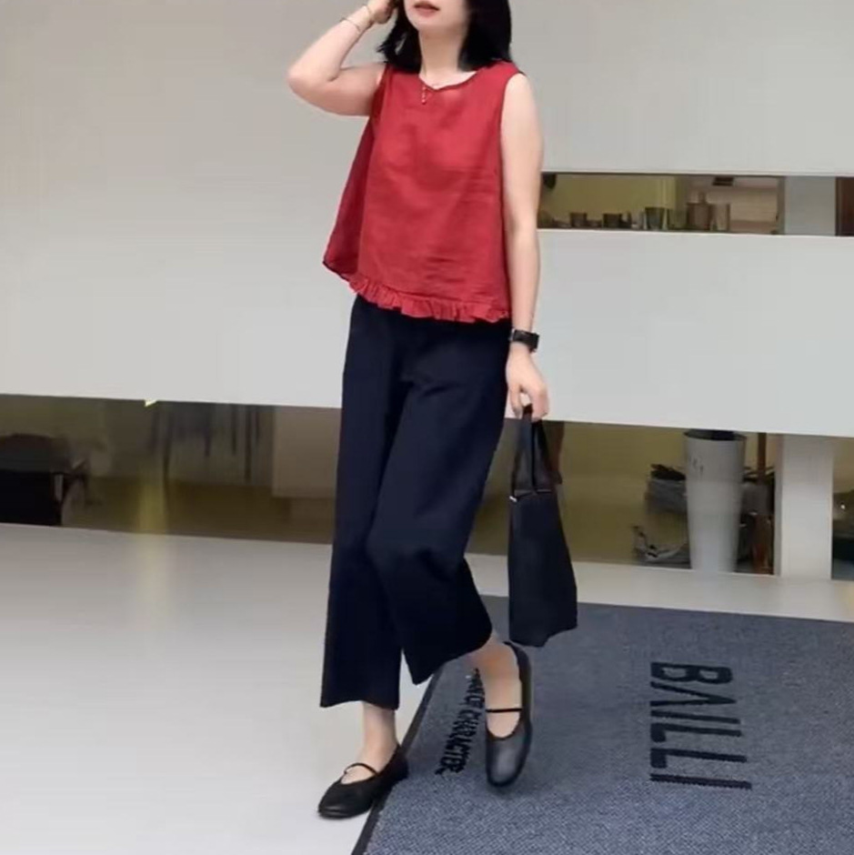 英国coopkoop夏季新款色宽松荷叶边女士圆领无袖上衣潮
