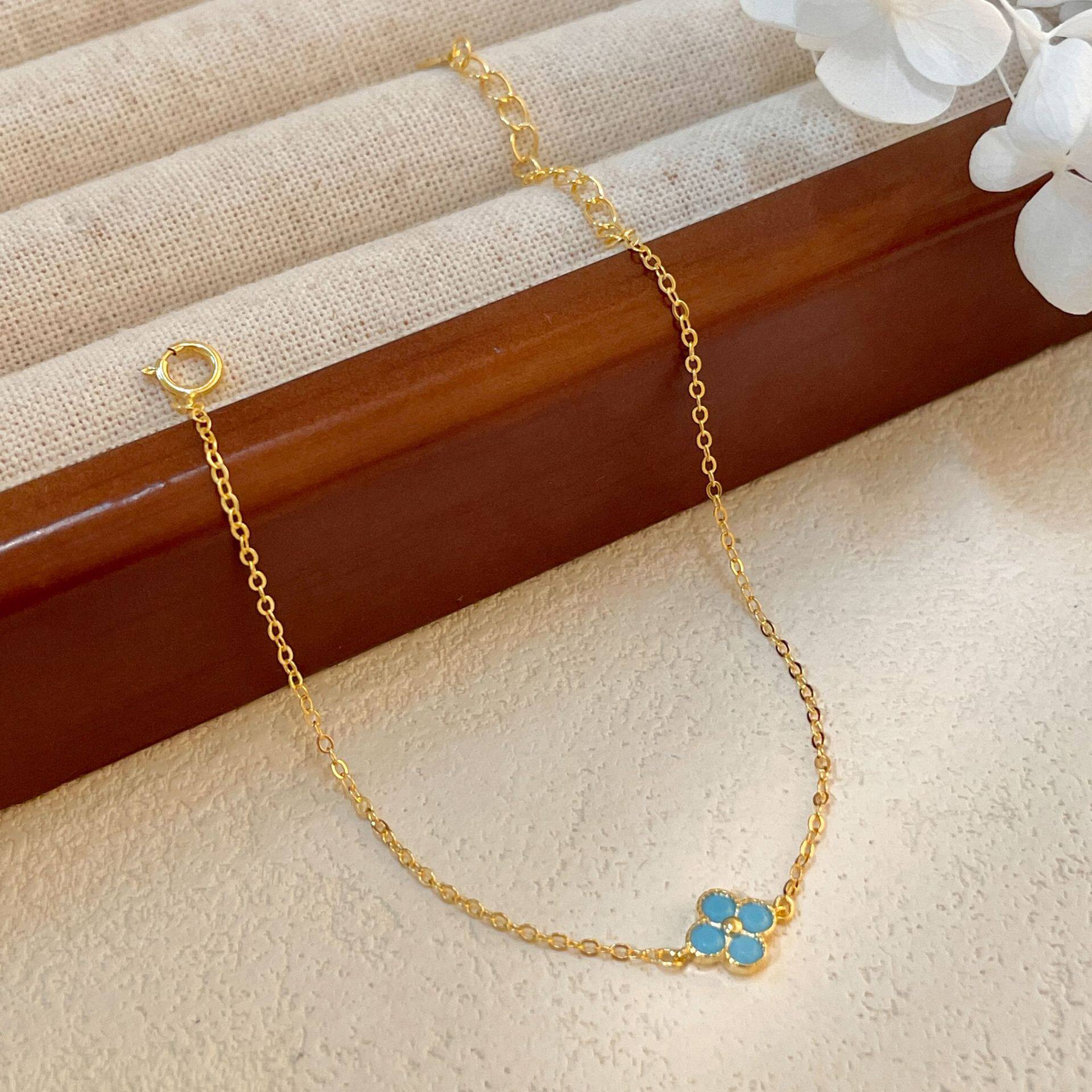 国风china chic s925银镀18k金绿松石四叶草手链中古风经典花瓣