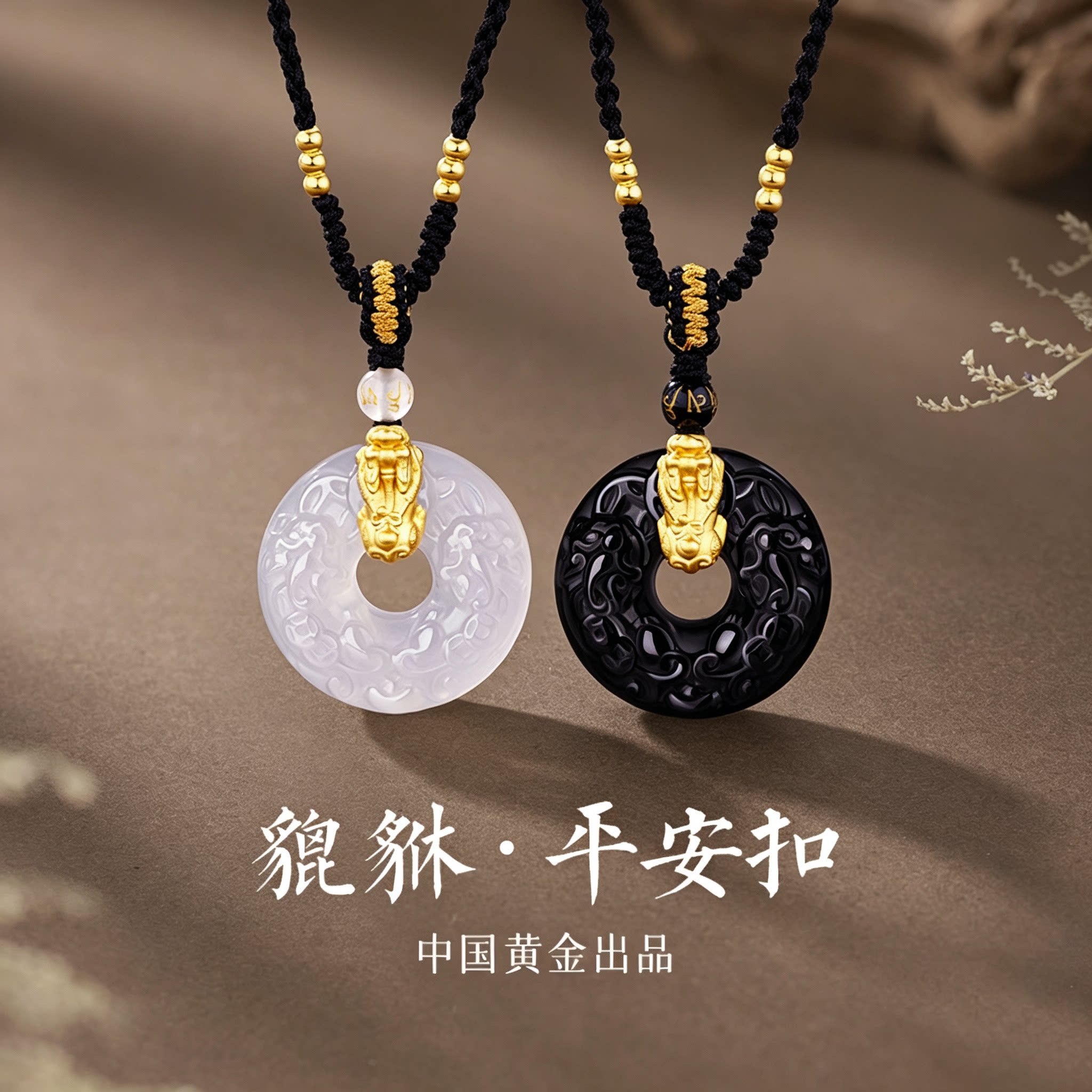 中国黄金央创貔貅平安扣足银项链情侣黑曜石生日礼物送男女友999图片