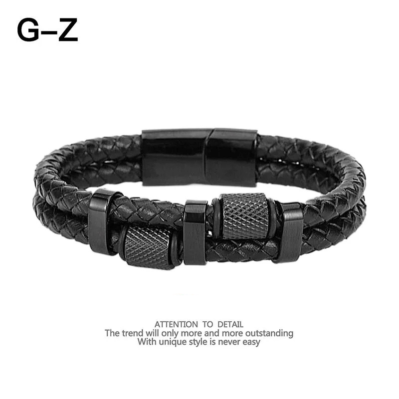 欧美潮牌黑色双层编织皮滚轮钛钢磁吸扣手链嘻哈潮男手环原创设计