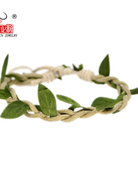 小清新手链女简约森系文艺韩版闺蜜棉麻服装配饰树叶蜡绳编织手绳