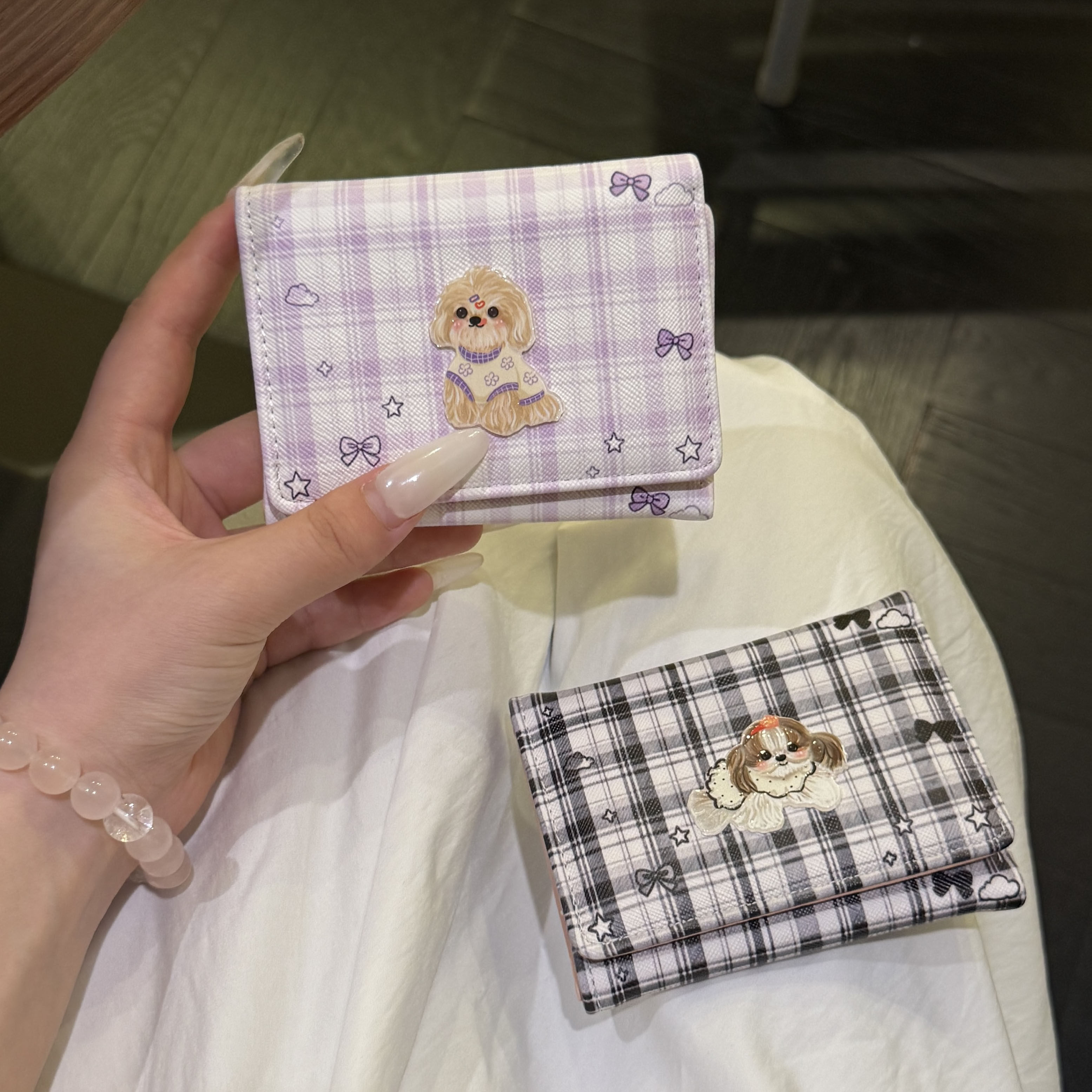 韩系格子可爱小狗短款钱包女新款小众设计多卡位卡包多功能零钱包