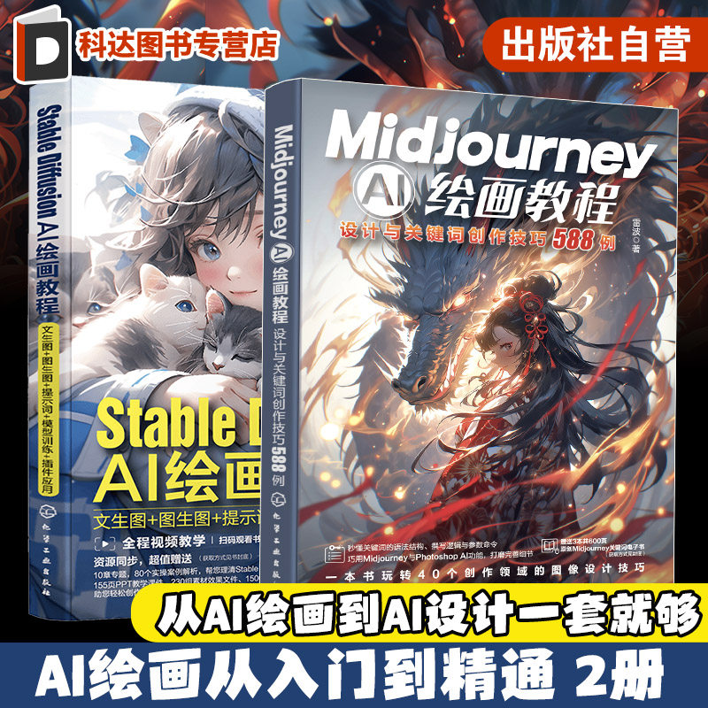 赠视频 2册 AI绘画Stable Diffussion+Midjourney从入门到精通 AI绘图应用SD+MJ案例技巧大全 AI绘画设计关键词提示词零基础一本通