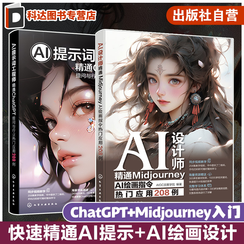 2册 AI提示词工程师 精通ChatGPT 提问与行业热门应用208例 AI设计师 精通Midjourney AI绘画指令热门应用208例 AI入门学习赠视频