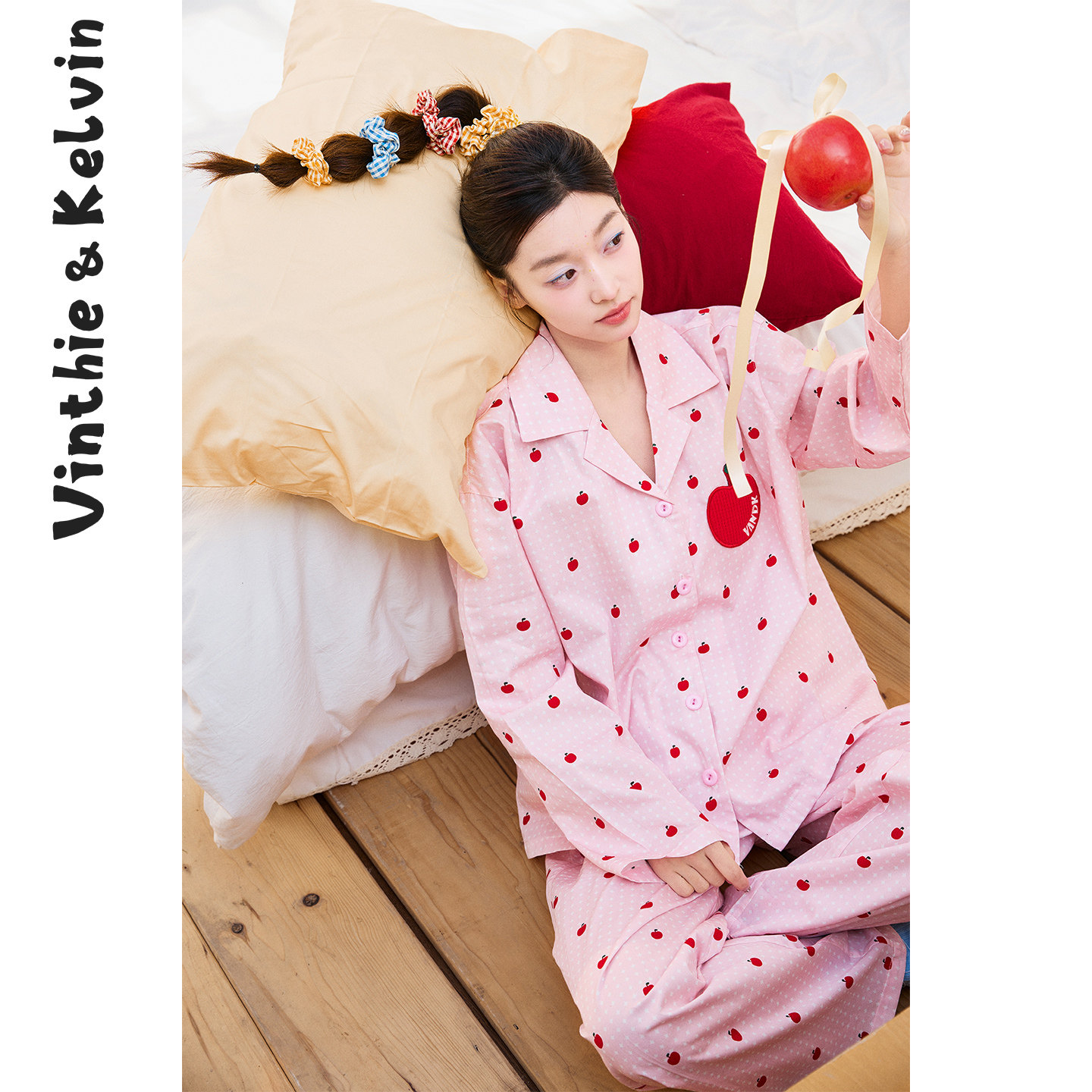 V&K2026春新款睡衣家居服女长袖裤翻领苹果纯棉套装外穿休闲宽松