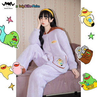 【苦瓜女士联名】V&K2025新款女睡衣家居服舒棉绒海军领长袖套装