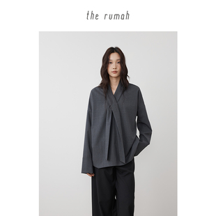 the rumah 精纺羊毛围巾领飘带衬衫上衣 气质通勤领口飘带长袖