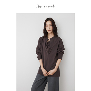 通勤百搭小众立领系扣宽松衬衣女 上衣 the rumah真丝混纺荡领衬衫