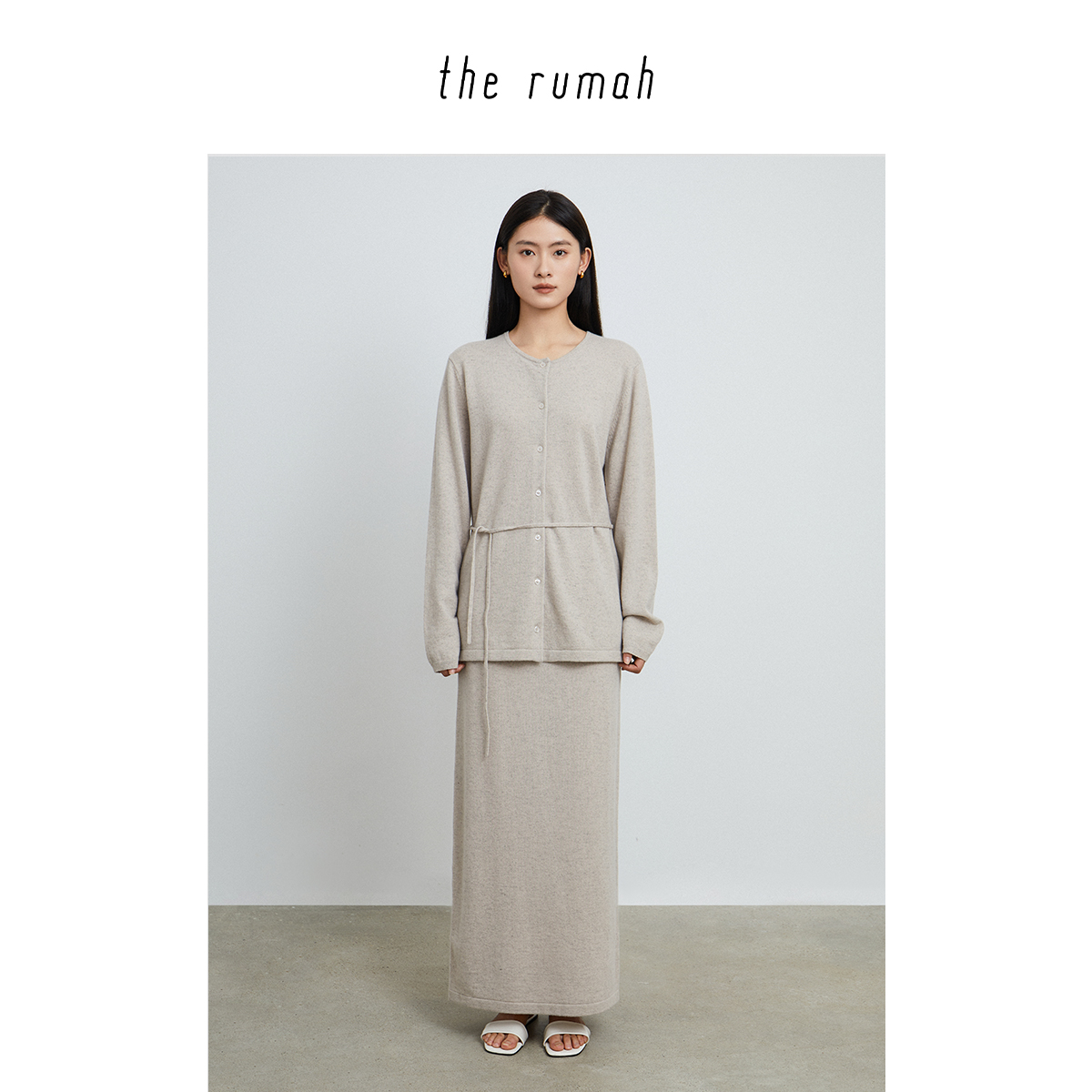 the rumah 燕麦色羊毛针织套装 抽绳开衫/针织半裙气质针织上衣女