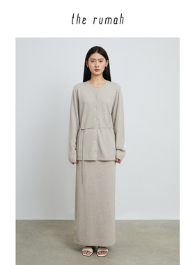 the rumah 燕麦色羊毛针织套装 抽绳开衫/针织半裙气质针织上衣女
