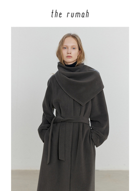 折扣特惠 the rumah灰绿色圆领披肩羊毛大衣 三角巾披肩长款大衣