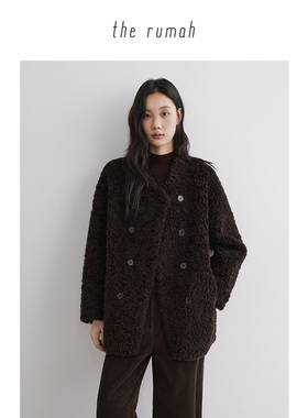 the rumah 极简双排扣羊毛外套  高级感绵羊毛仿皮毛一体大衣外套