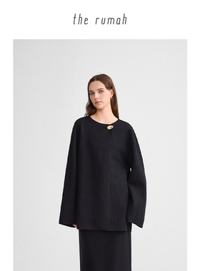 therumah 黑色羊毛金扣圆领长袖外套 静奢秋冬新品0压感外套/半裙