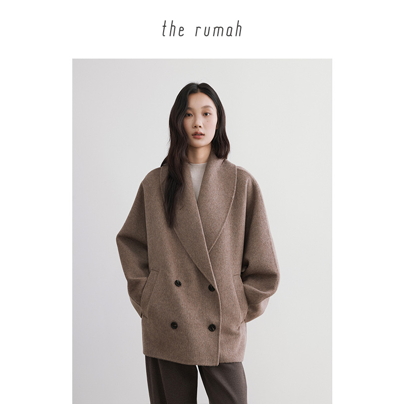 therumah燕麦色翻领毛呢大衣