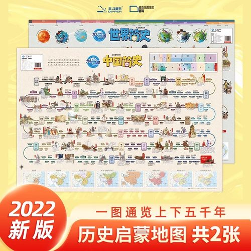 【北斗地图】全2张中国简史世界简史地图2022版新版中学生小学生历史挂图儿童版学生版地理百科地图集册墙贴挂画高清防水大尺寸