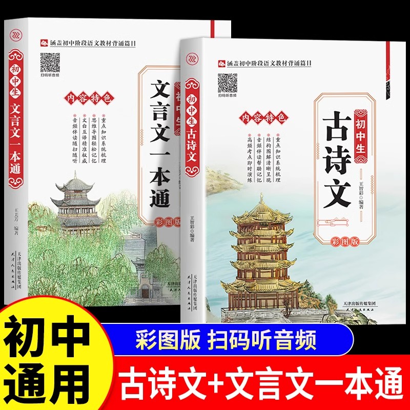 全2册初中生必背古诗文和文言文一本通 古诗词译注与赏析初中生初一到初三7到9年级语文课外专项阅读练习全解全练阅读理解专项训练