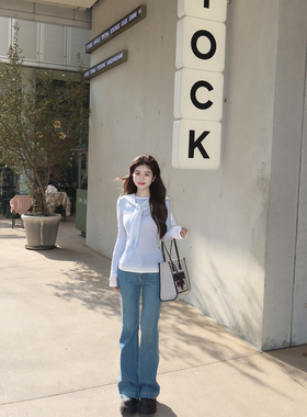 圆圆媛er 报恩神裤/韩女气质显瘦百搭蓝色中高腰微喇牛仔裤女