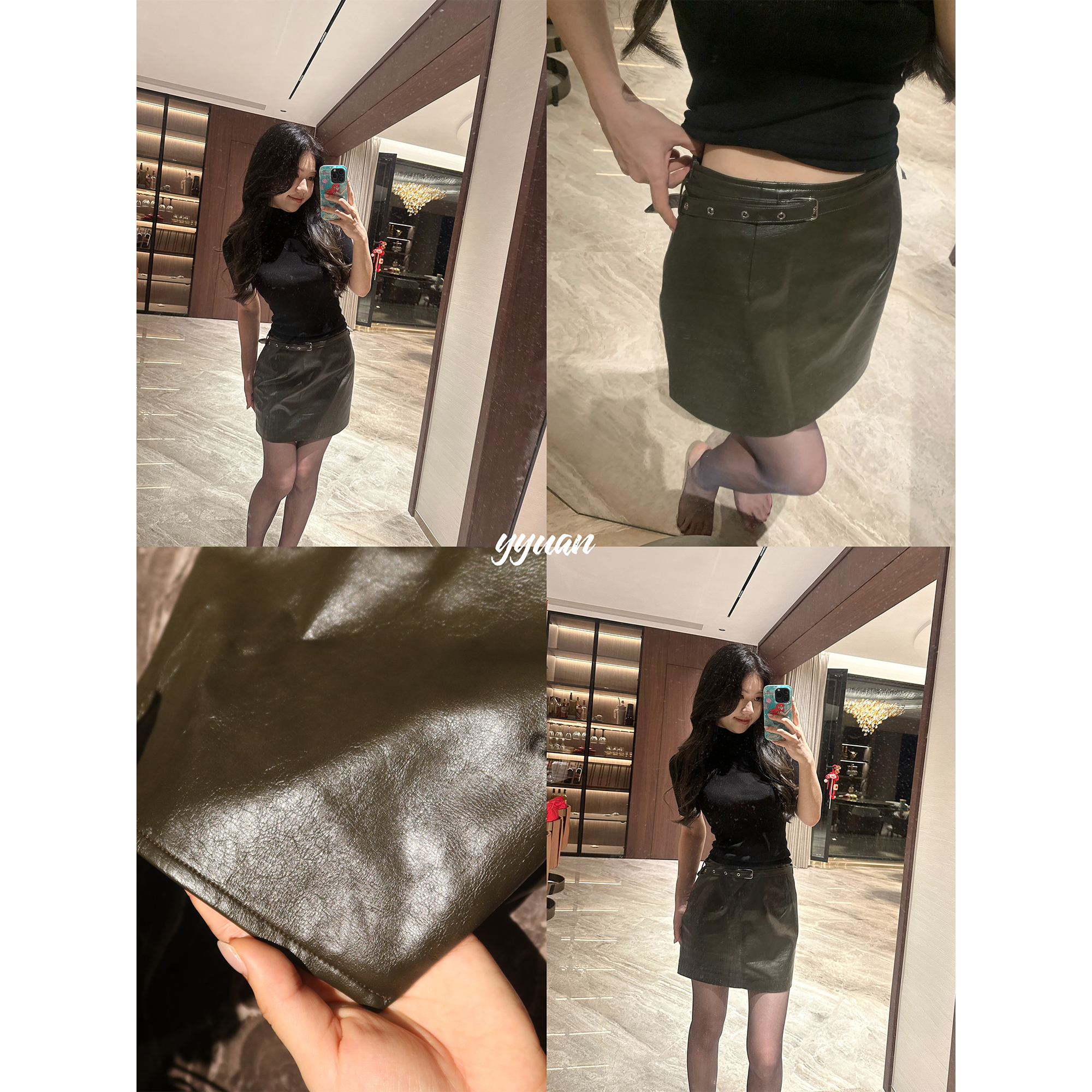 圆圆媛er 高智感修身弹力上衣打底衫+橄榄绿皮裙套装